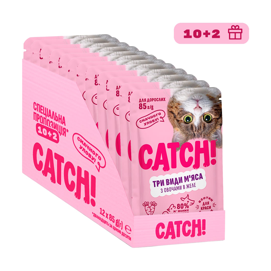 Набір вологих кормів для дорослих котів Catch! 10+2 Три види м'яса з овочами в желе, паучі, 12*85 г