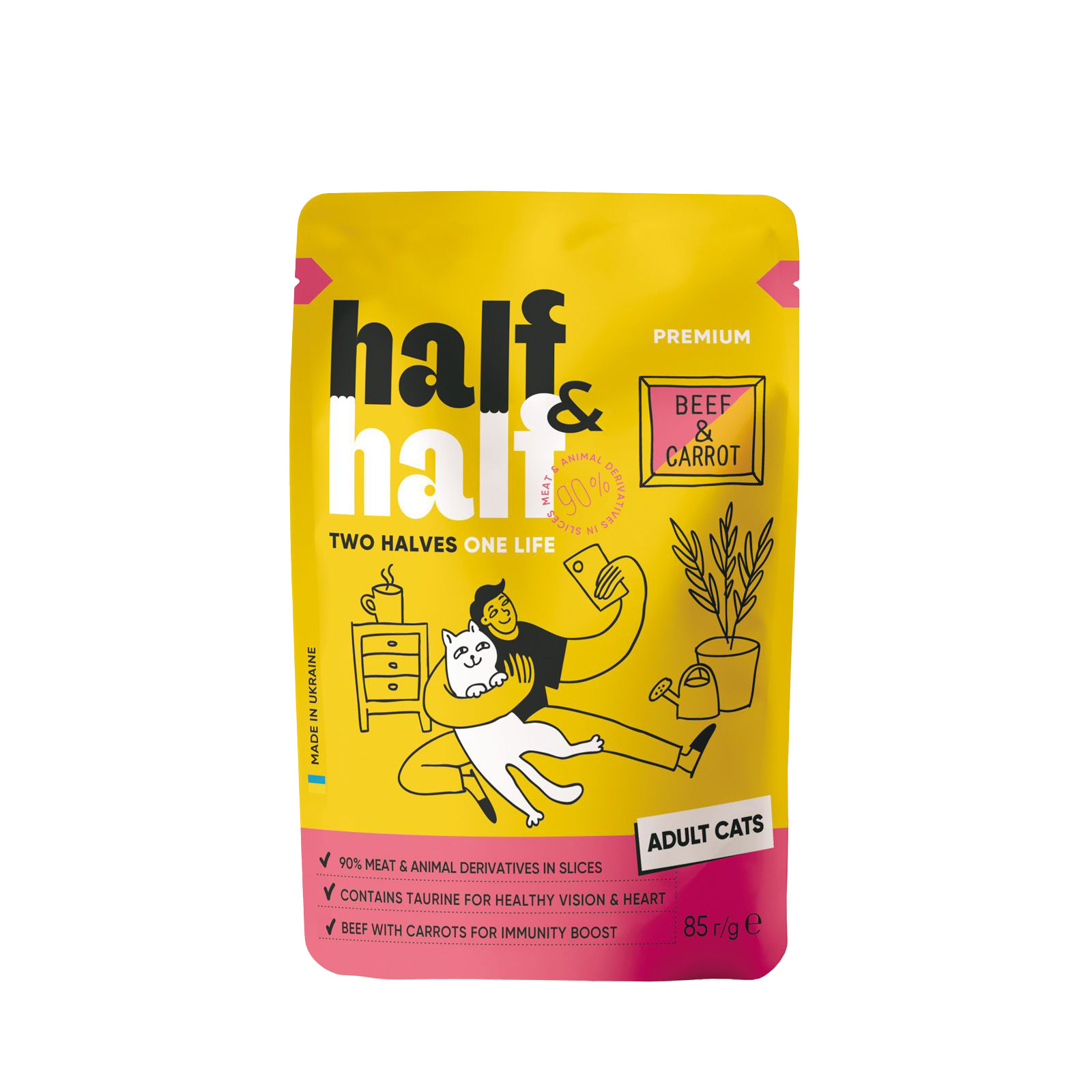 Вологий корм для дорослих котів Half&amp;Half з яловичиною та морквою в желе, 85 г